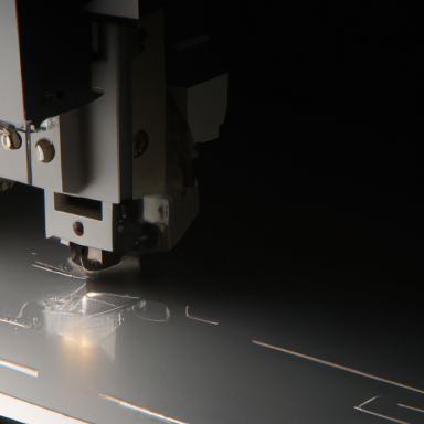 A precision cutting tool forming patterns on a metal surface in a dimly lit environment.